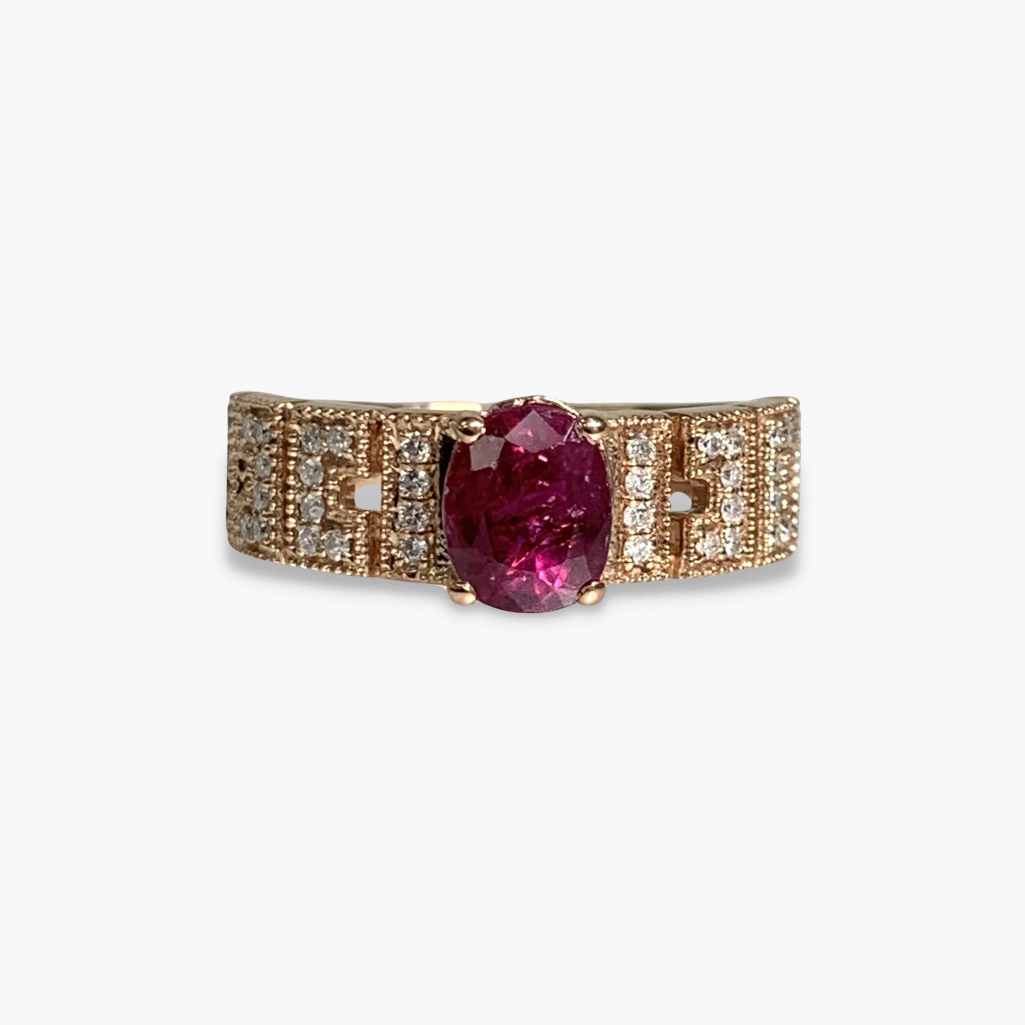 14K Rose Gold Oval Cut Ruby and Diamond Wide Band Ring
