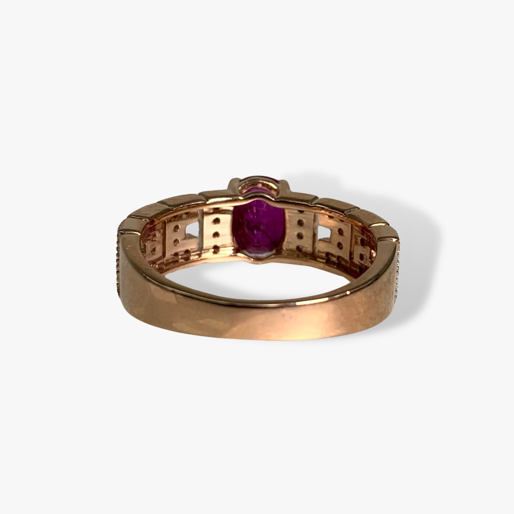 14K Rose Gold Oval Cut Ruby and Diamond Wide Band Ring Back View