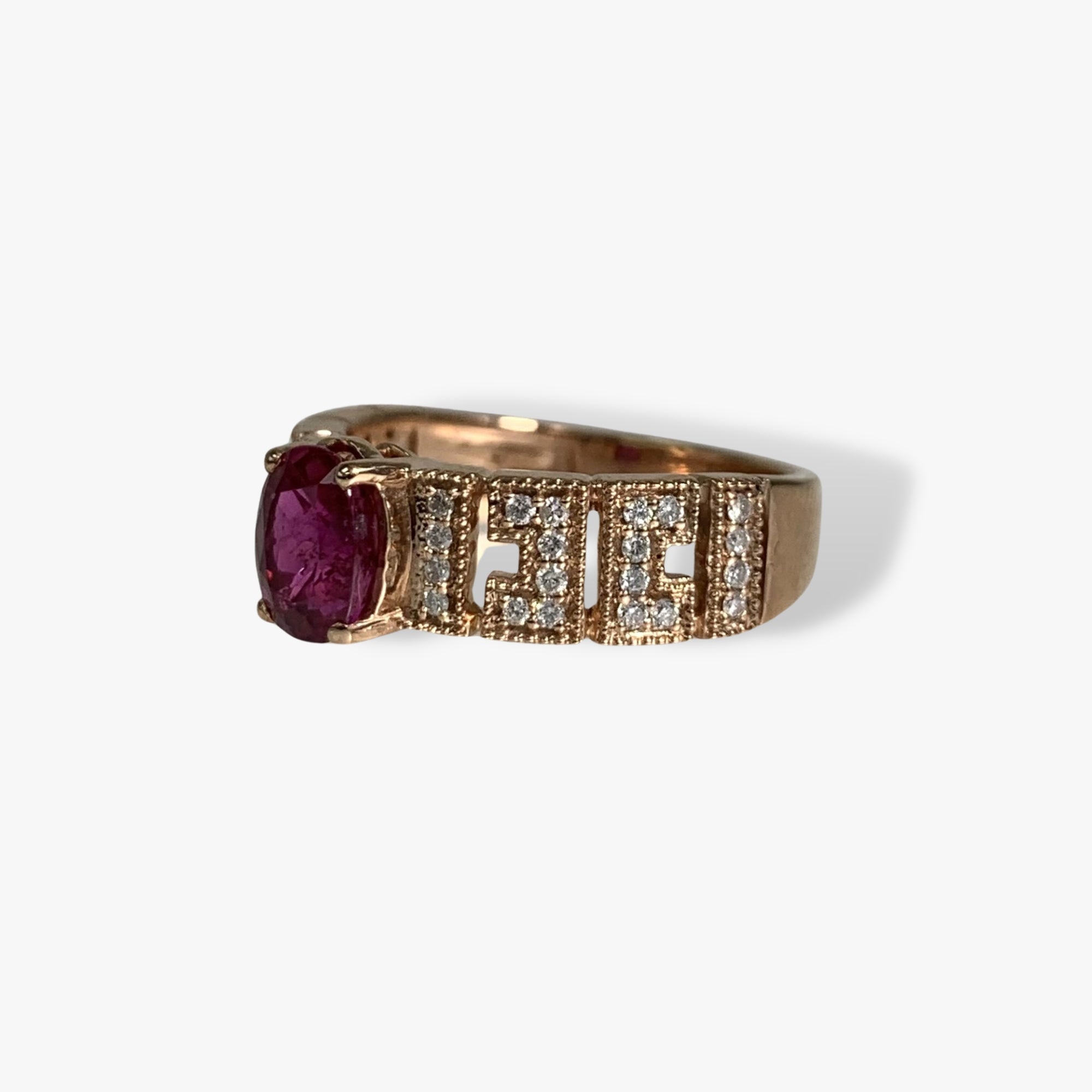 14K Rose Gold Oval Cut Ruby and Diamond Wide Band Ring Side View