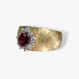 14k Florentine Finish Yellow Gold Oval Cut Ruby Diamond Halo Vintage Ring