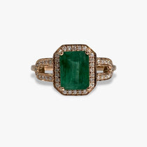 14k Rose Gold Emerald Cut Emerald Diamond Halo Ring