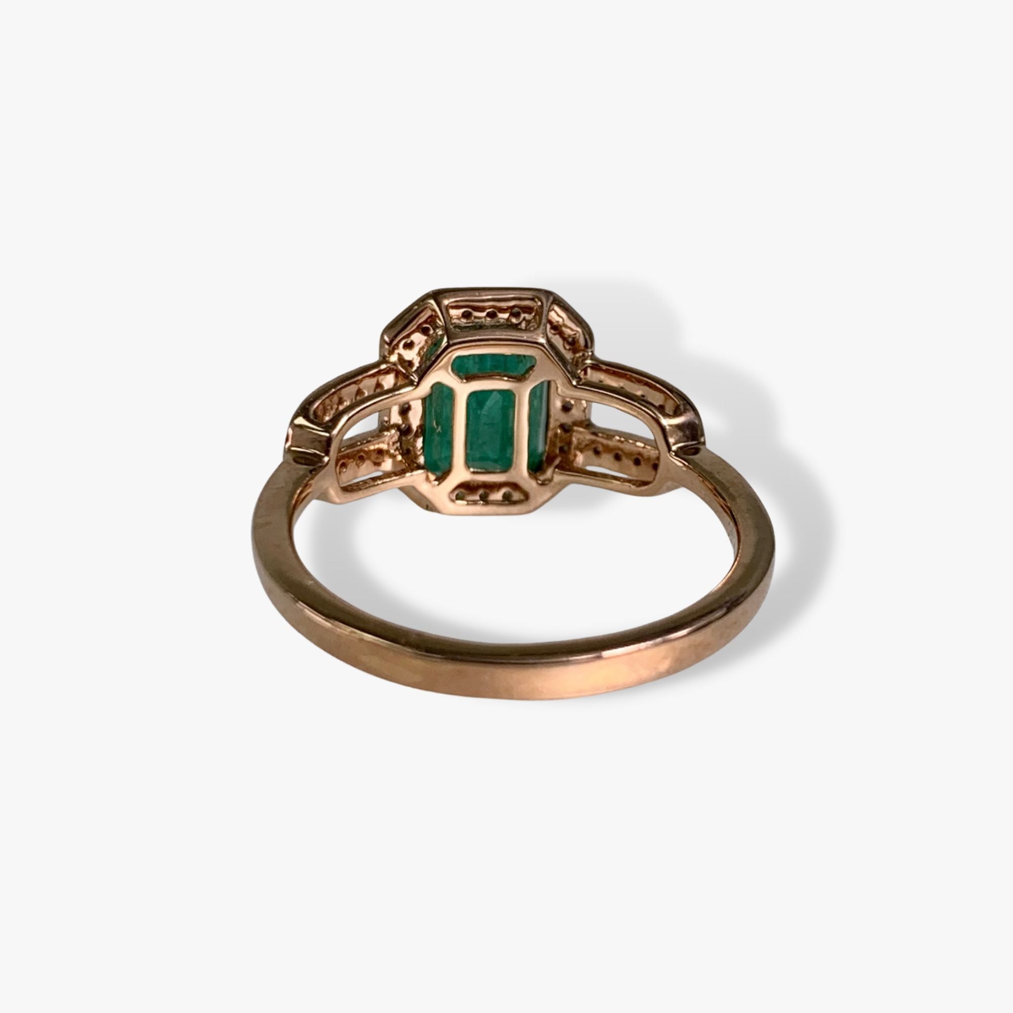 14k Rose Gold Emerald Cut Emerald Diamond Halo Ring Back View