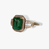 14k Rose Gold Emerald Cut Emerald Diamond Halo Ring Side View
