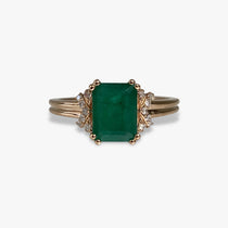 14k Rose Gold Emerald Cut Emerald and Round Cut Diamond Ring