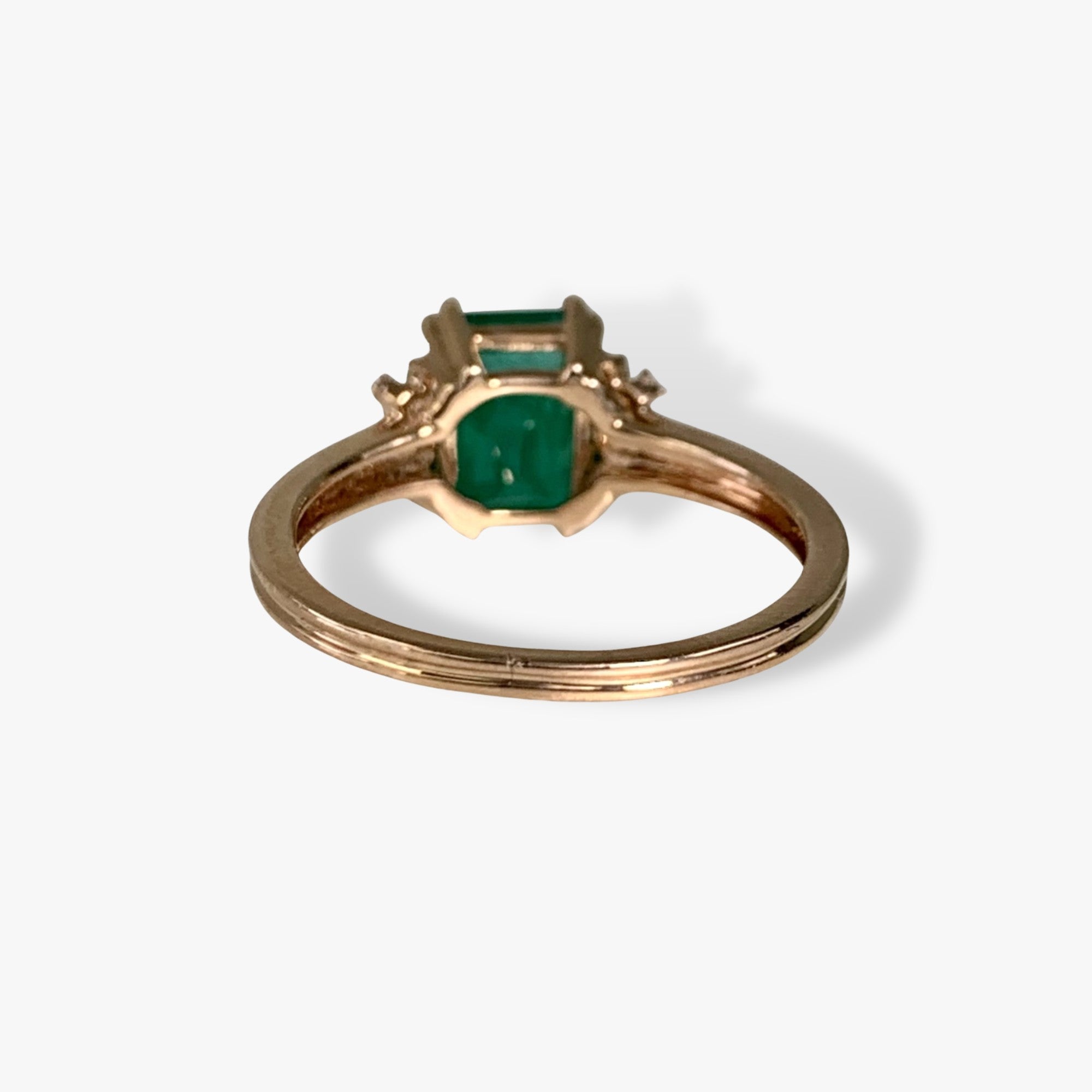 14k Rose Gold Emerald Cut Emerald and Round Cut Diamond Ring Back View