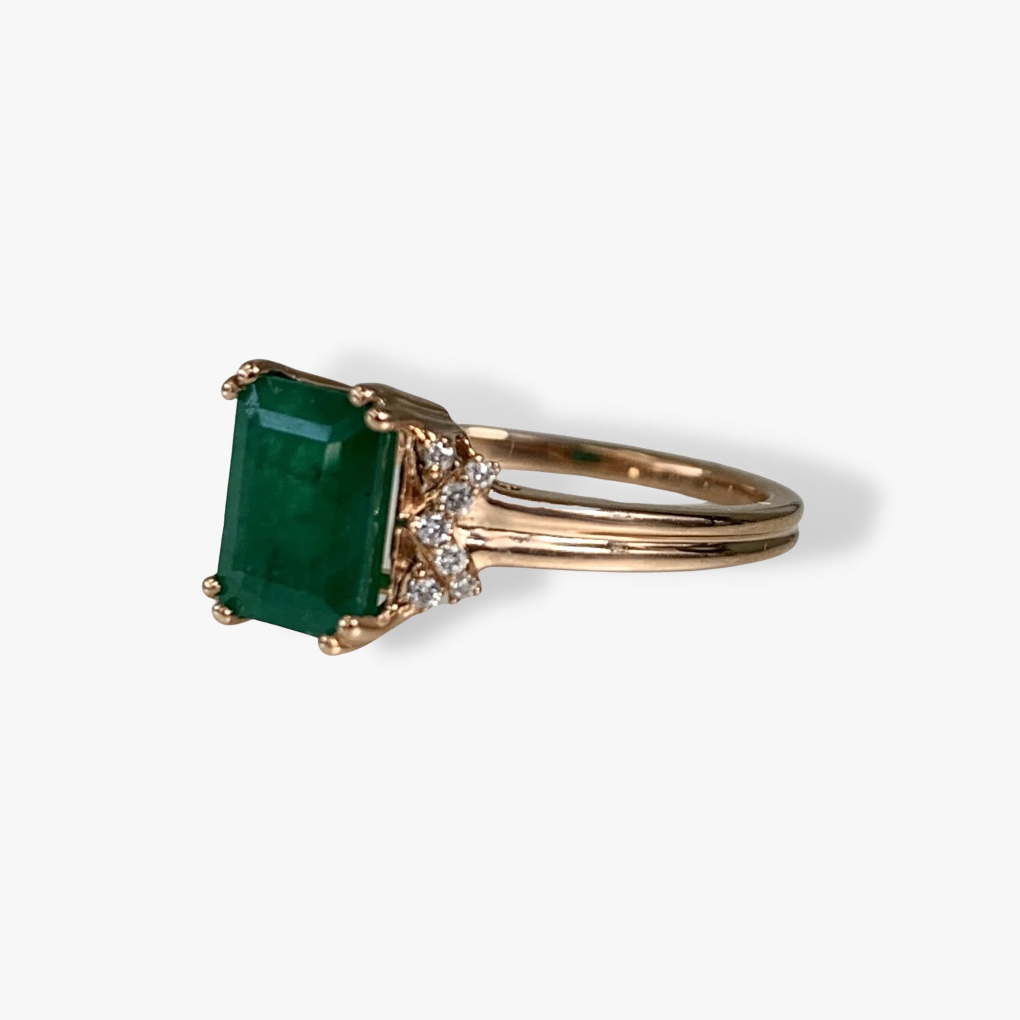 14k Rose Gold Emerald Cut Emerald and Round Cut Diamond Ring Side View
