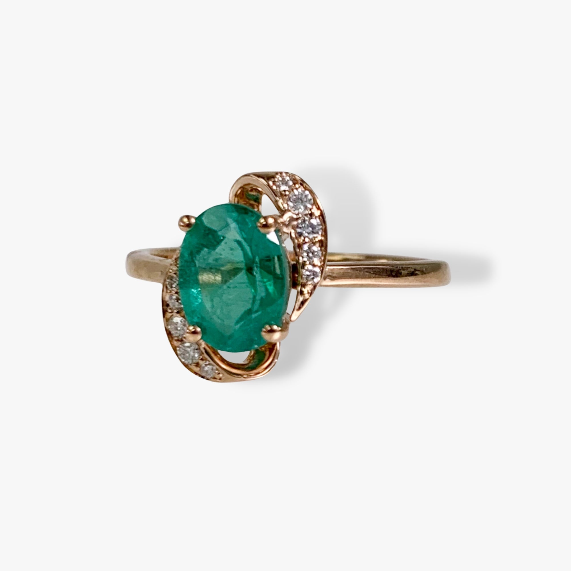 14k Rose Gold Oval Cut Emerald and Diamond Ring Side View
