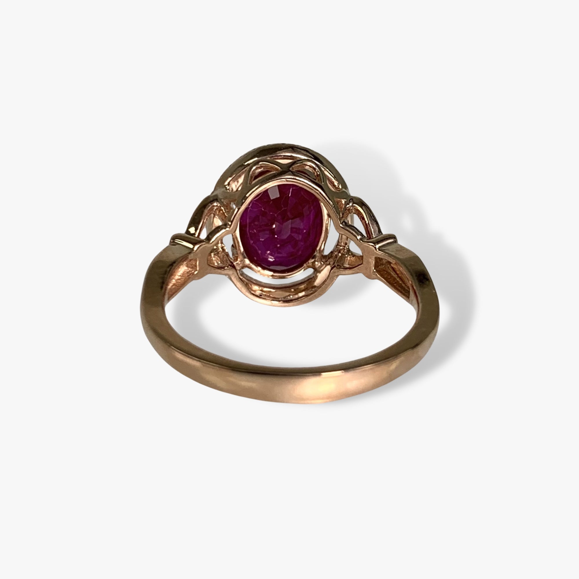 14k Rose Gold Oval Cut Ruby Diamond Halo Ring Back View