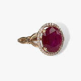 14k Rose Gold Oval Cut Ruby Diamond Halo Ring Side View
