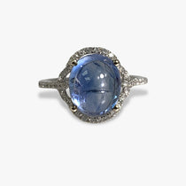 14k White Gold Cabochon Cut Blue Sapphire Diamond Halo Ring