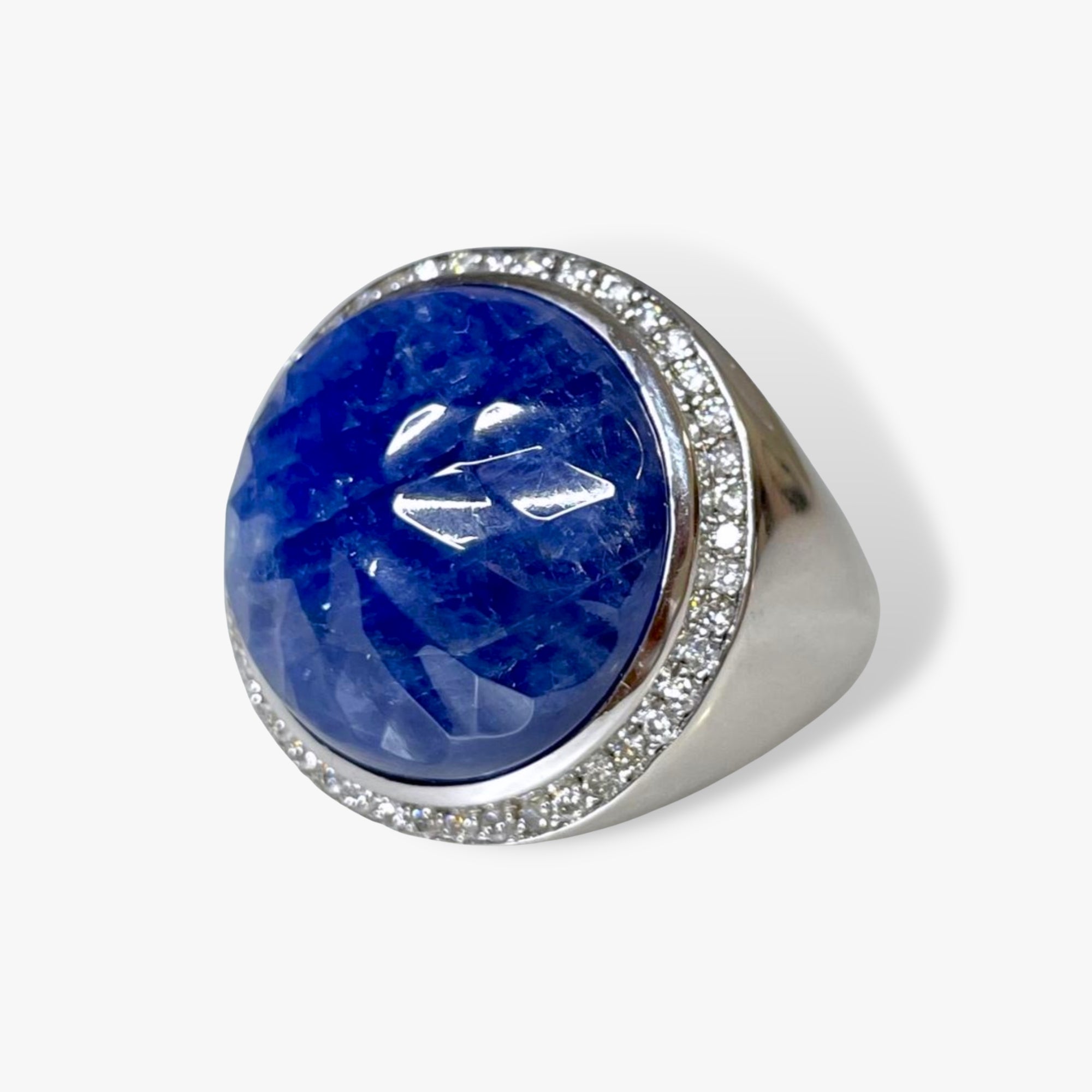 14k White Gold Carved Blue Sapphire Diamond Halo Vintage Signet Ring