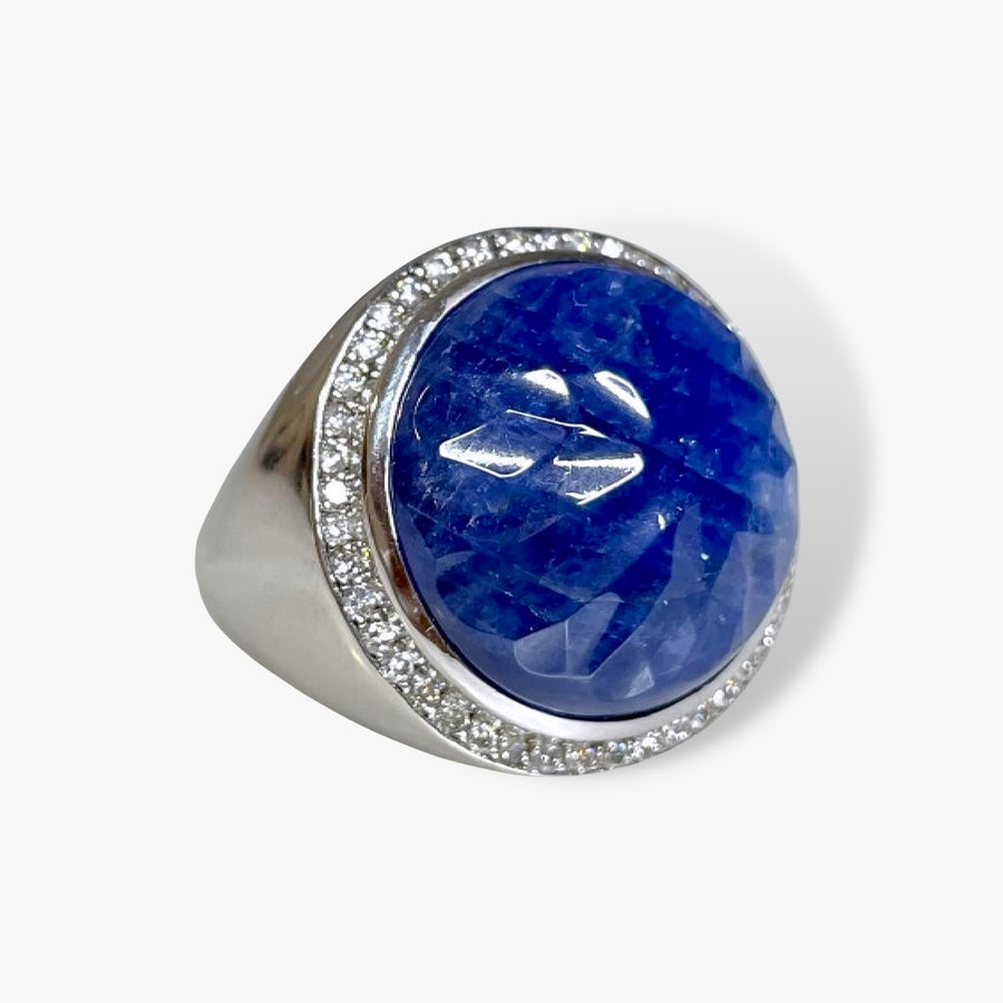 14k White Gold Carved Blue Sapphire Diamond Halo Vintage Signet Ring Side View