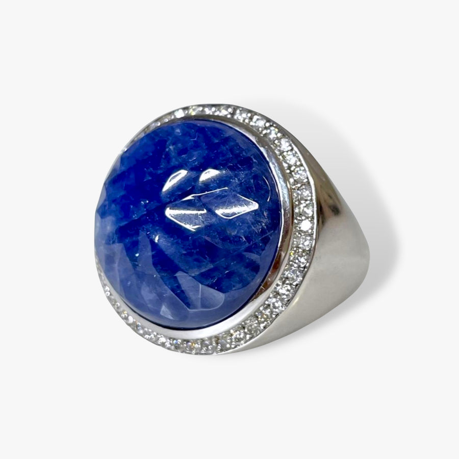 14k White Gold Carved Blue Sapphire Diamond Halo Vintage Signet Ring Side View