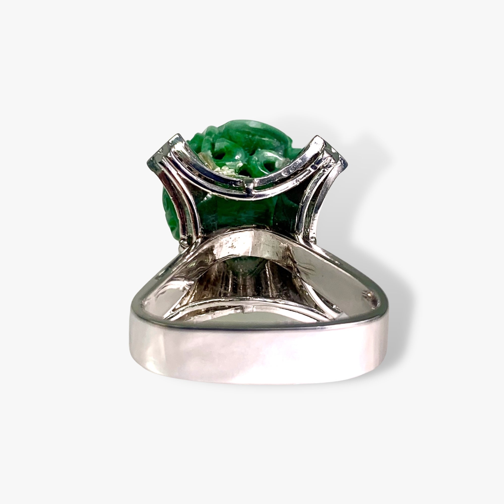 14k White Gold Carved Green Jade and Diamond Vintage Ring Back View