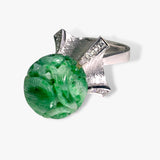 14k White Gold Carved Green Jade and Diamond Vintage Ring  Side View