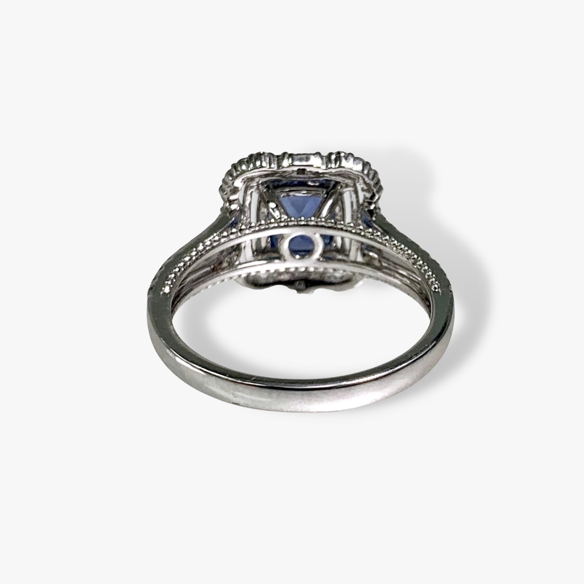 14k White Gold Cushion-Shaped Blue Sapphire Diamond Halo Split Shank Ring Back View