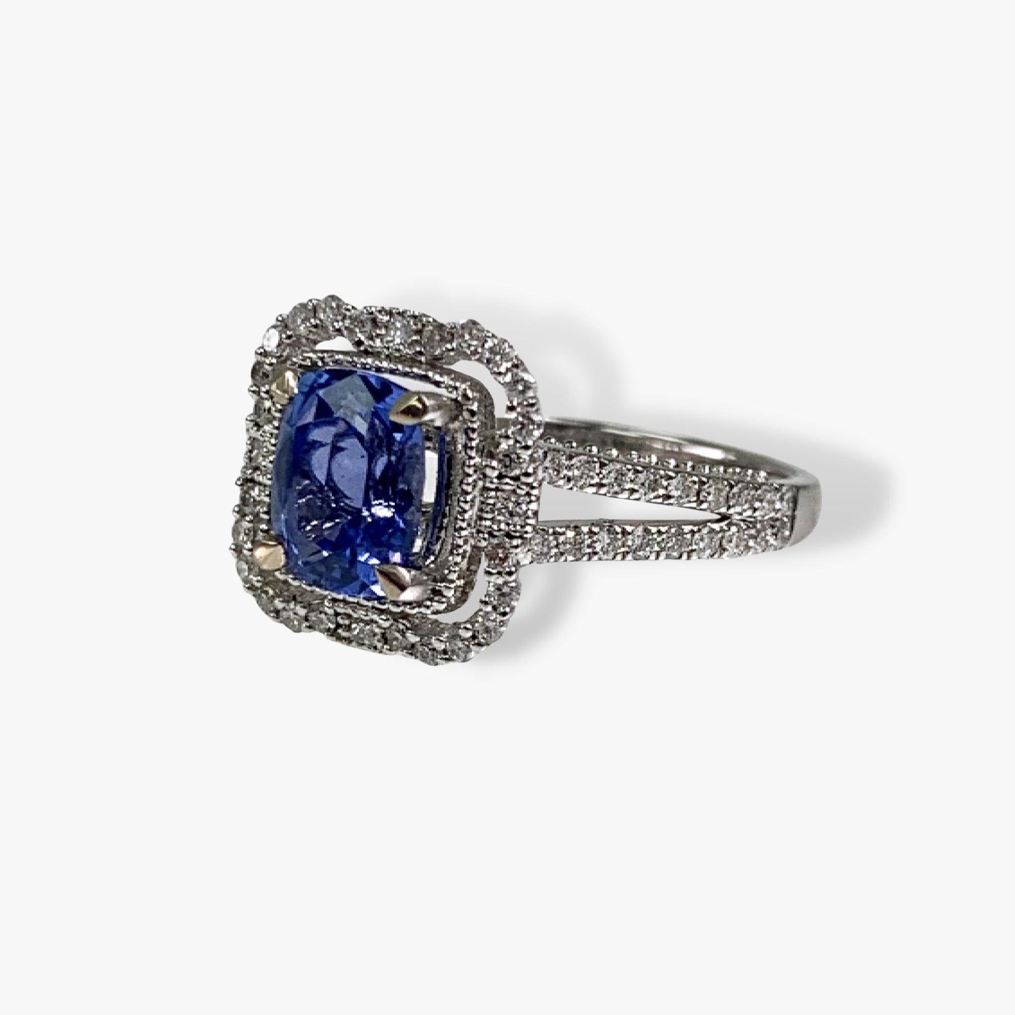 14k White Gold Cushion-Shaped Blue Sapphire Diamond Halo Split Shank Ring Side View