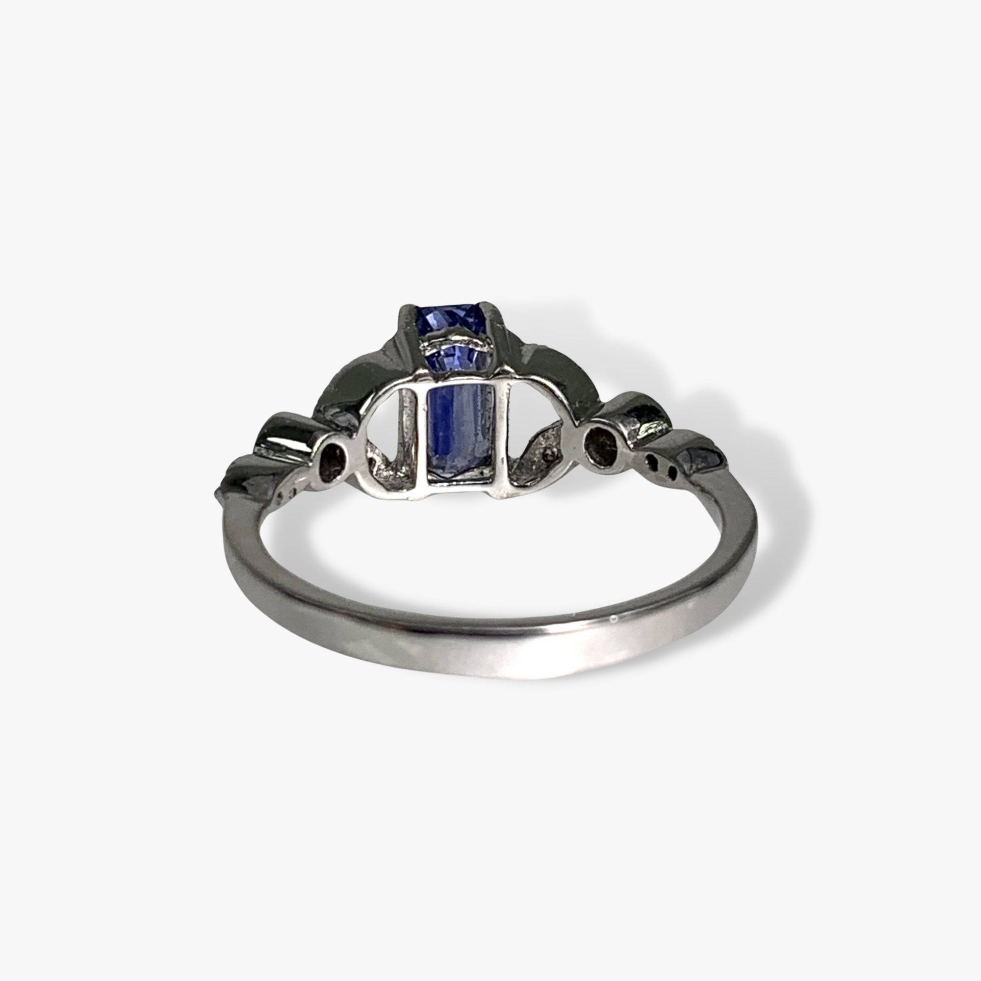 14k White Gold Emerald Cut Blue Sapphire and Diamond Ring Back View