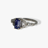 14k White Gold Emerald Cut Blue Sapphire and Diamond Ring Side View