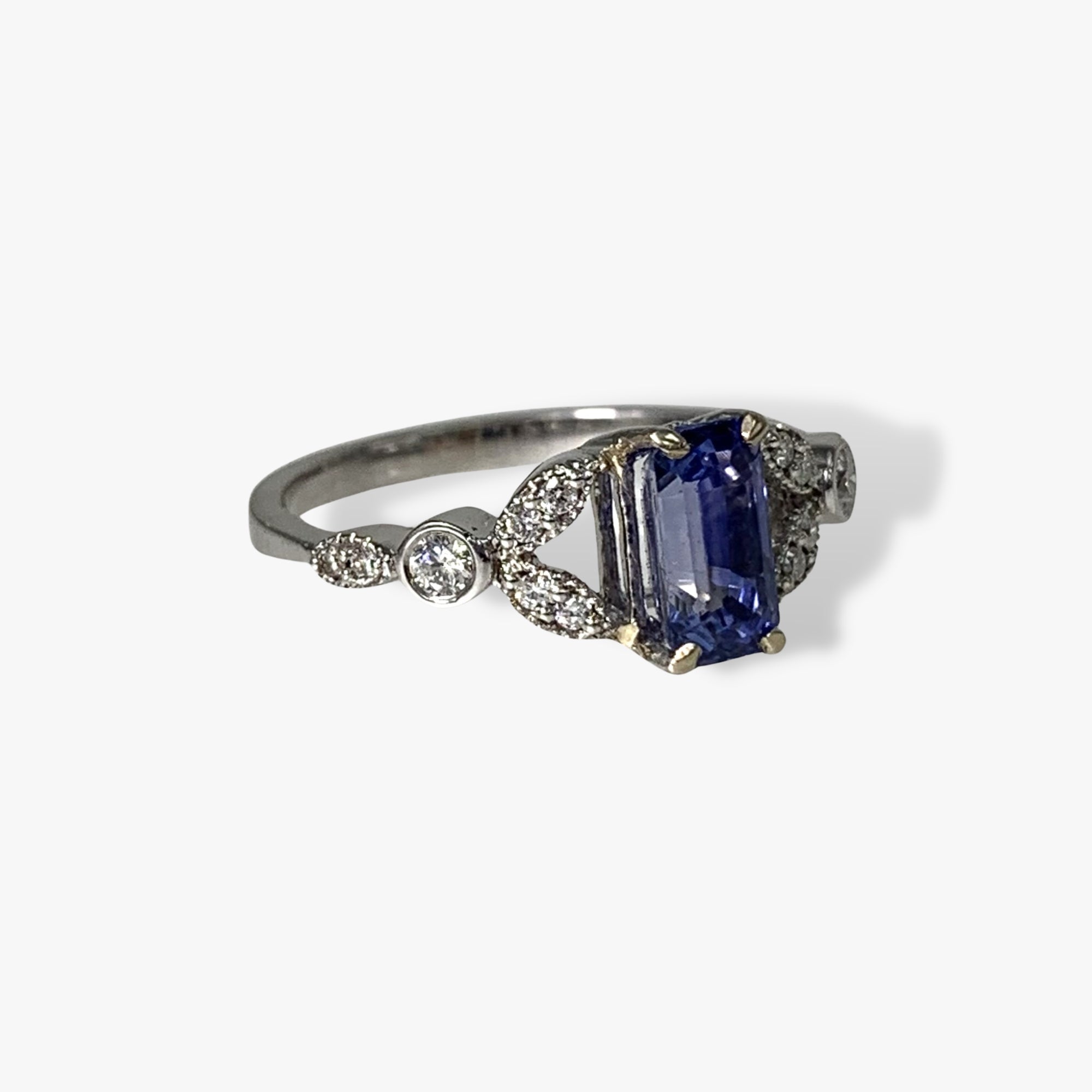 14k White Gold Emerald Cut Blue Sapphire and Diamond Ring Side View