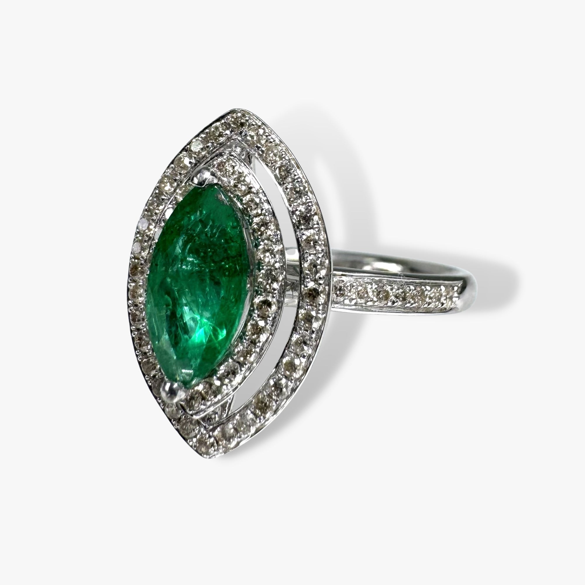 14k White Gold Marquise Cut Emerald Double Diamond Halo Ring Side View