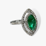 14k White Gold Marquise Cut Emerald Double Diamond Halo Ring Side View