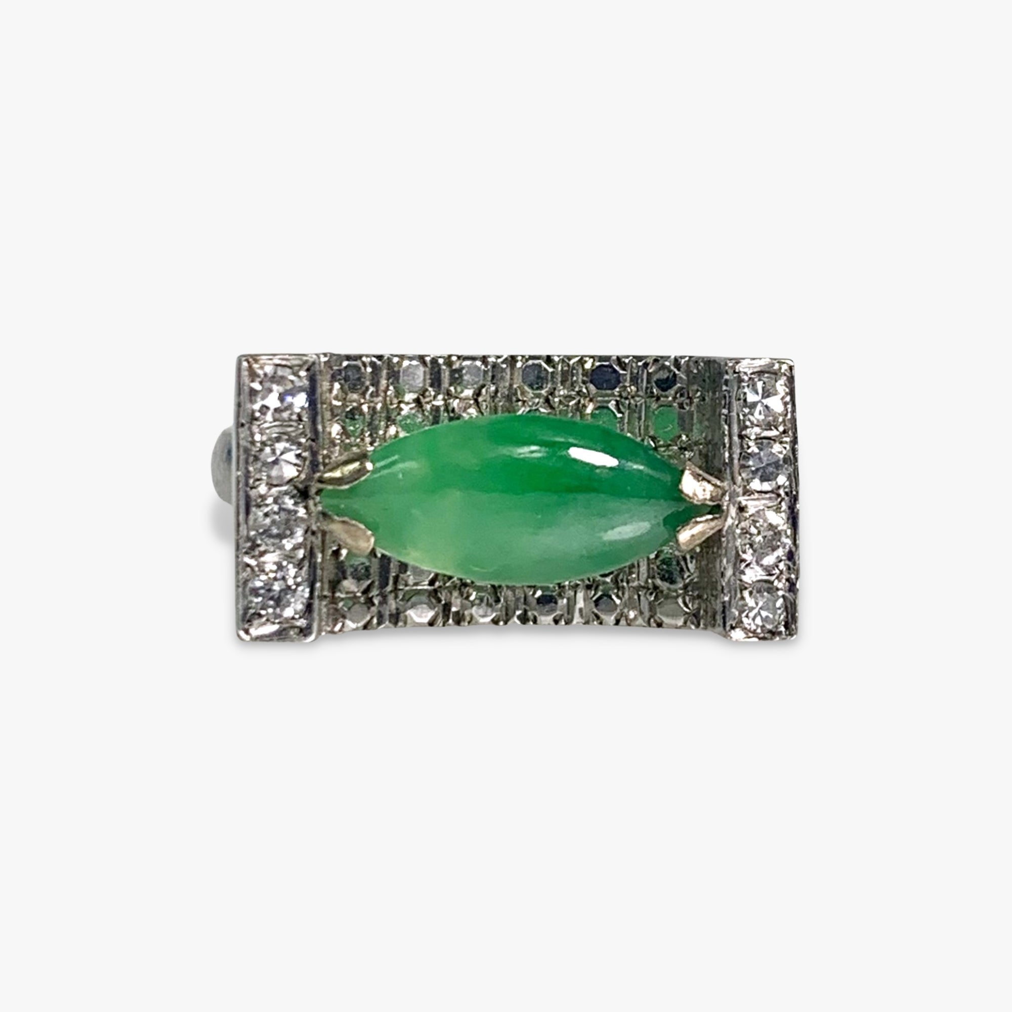 14k White Gold Marquise Cut Green Jade and Diamond Vintage Ring