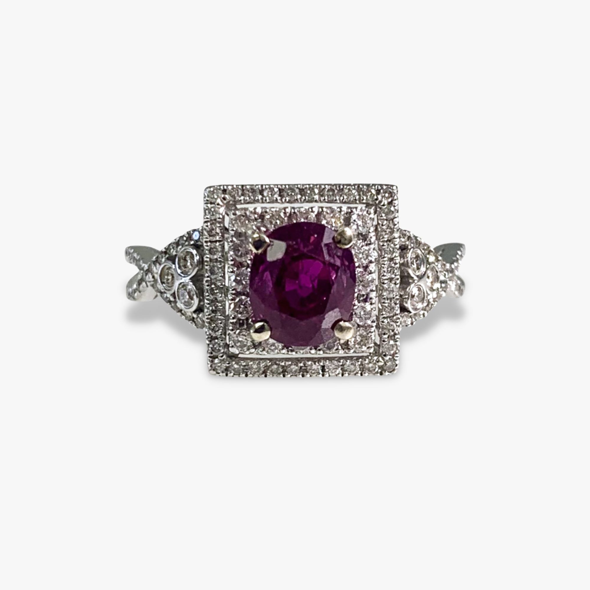 14k White Gold Oval-Shaped Ruby Diamond Double Halo Ring