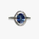 14k White Gold Oval Cut Blue Sapphire Diamond Halo Ring