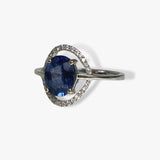 14k White Gold Oval Cut Blue Sapphire Diamond Halo Ring Side View