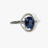 14k White Gold Oval Cut Blue Sapphire Diamond Halo Ring Side View