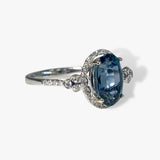 14k White Gold Oval Cut Blue Sapphire and Diamond Ring Side View