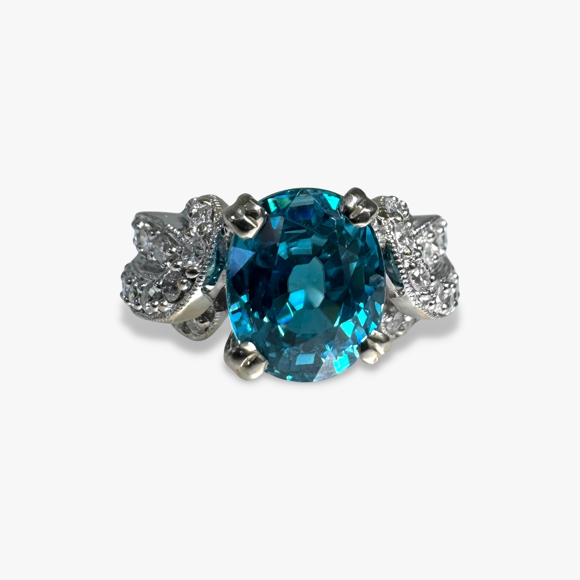 14k White Gold Oval Cut Blue Zircon and Diamond Vintage Ring
