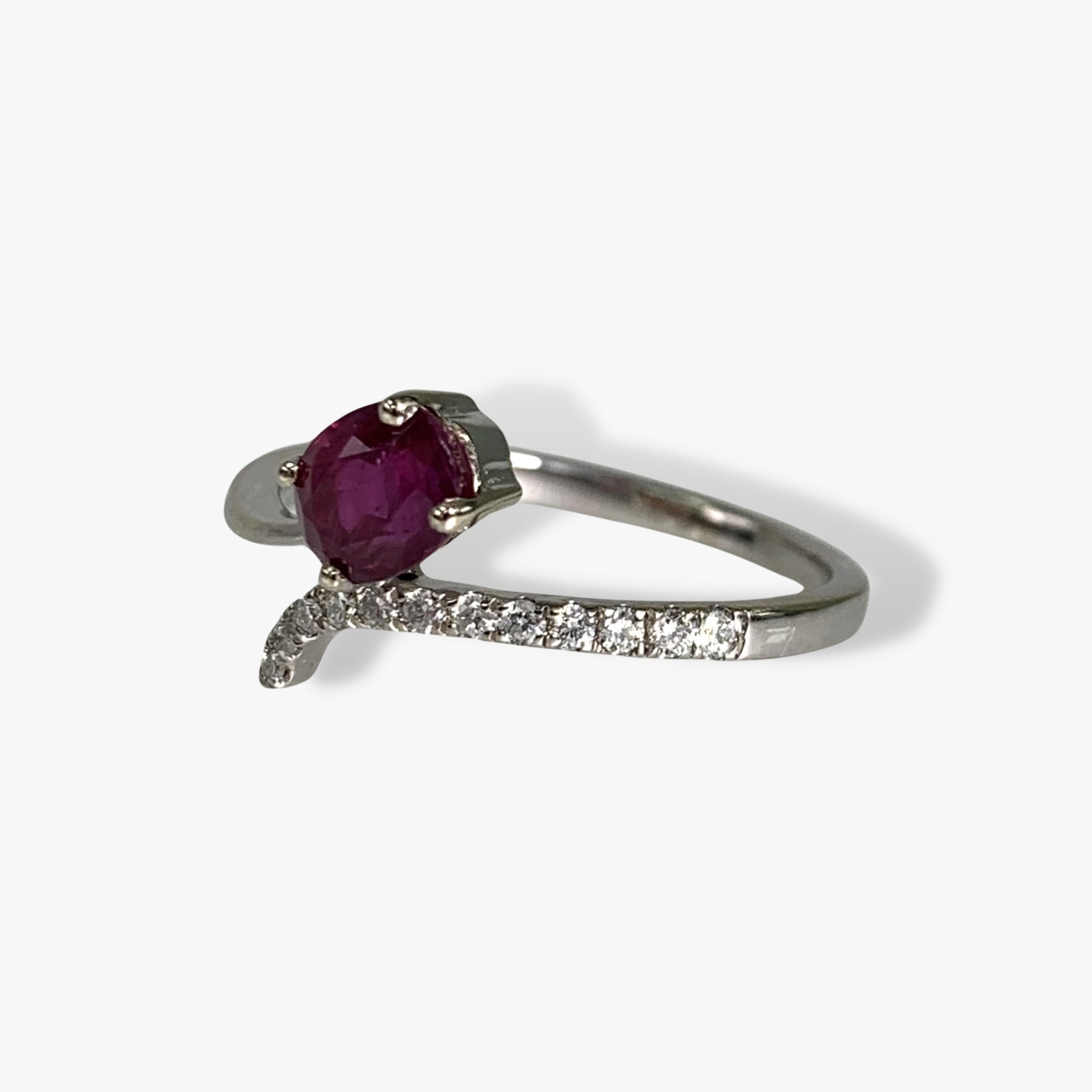 14k White Gold Oval Cut Ruby Diamond Pavé Bypass Ring Side View