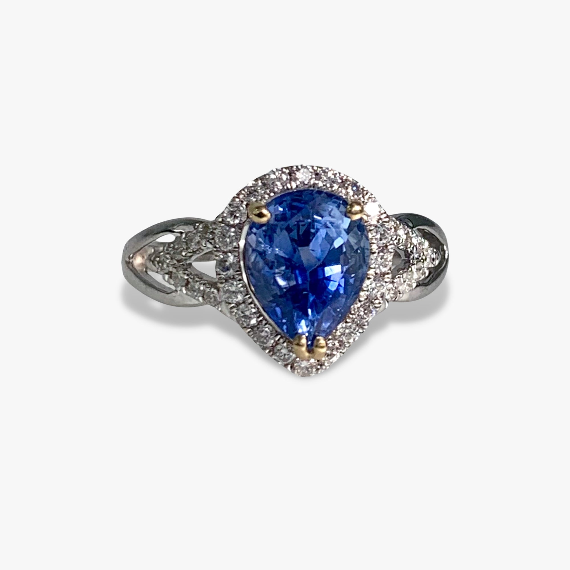 14k White Gold Pear-Shaped Blue Sapphire Diamond Ring