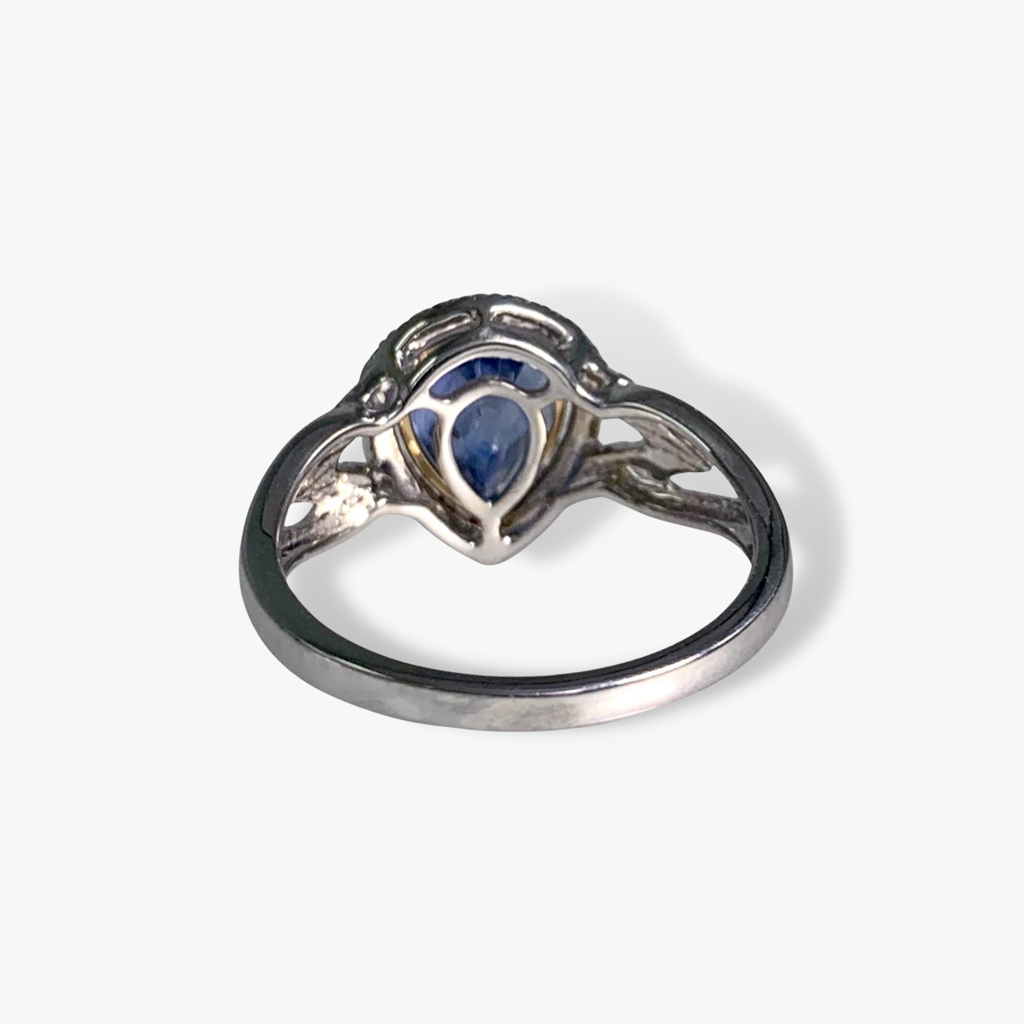 14k White Gold Pear-Shaped Blue Sapphire Diamond Ring Back View
