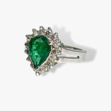 14k White Gold Pear-Shaped Emerald Diamond Halo Split Shank Vintage Ring Side View