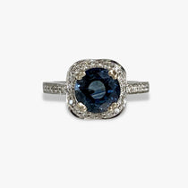 14k White Gold Round Cut Blue Sapphire Cushion-Shaped Diamond Halo Ring
