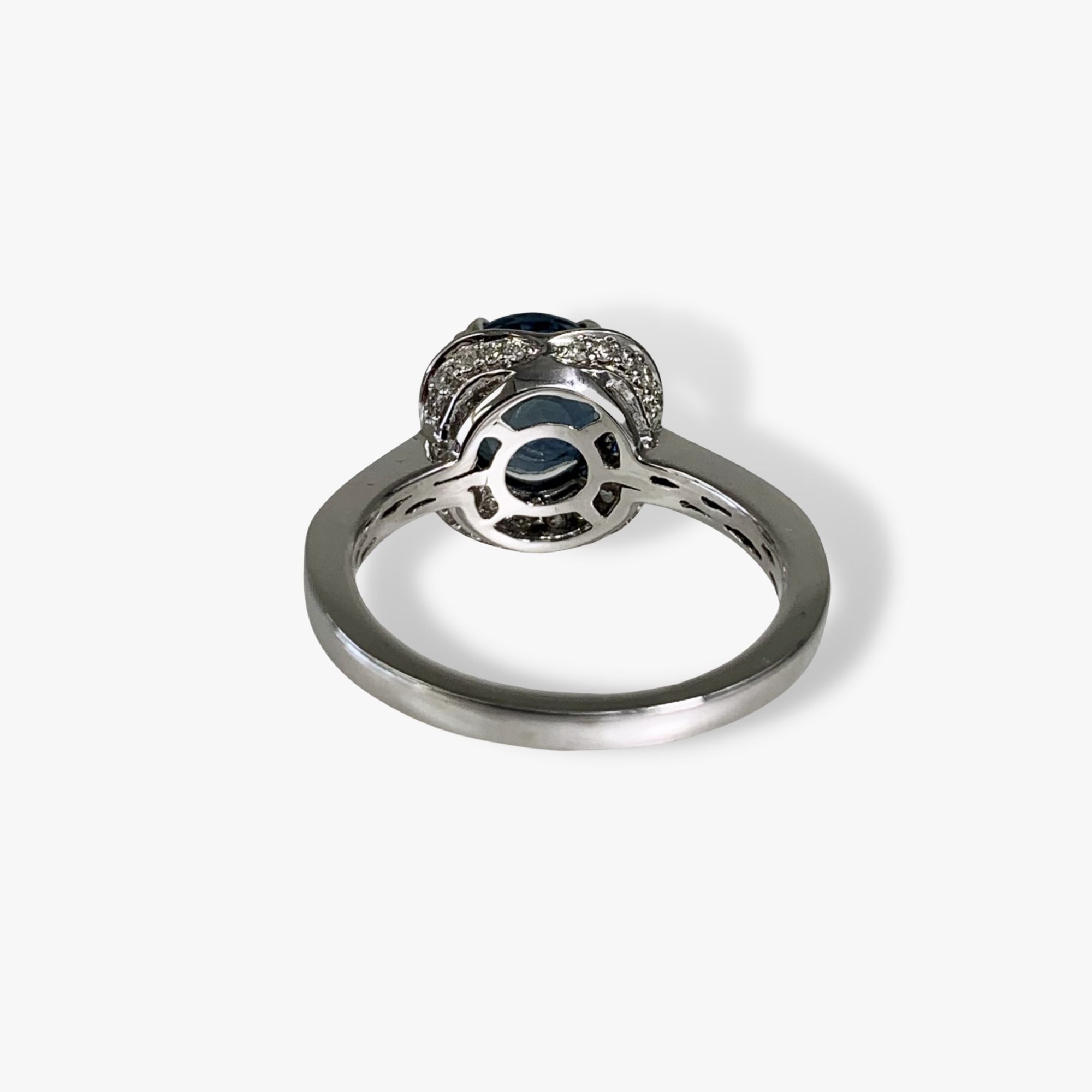 14k White Gold Round Cut Blue Sapphire Cushion-Shaped Diamond Halo Ring Back View
