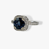 14k White Gold Round Cut Blue Sapphire Cushion-Shaped Diamond Halo Ring Side View