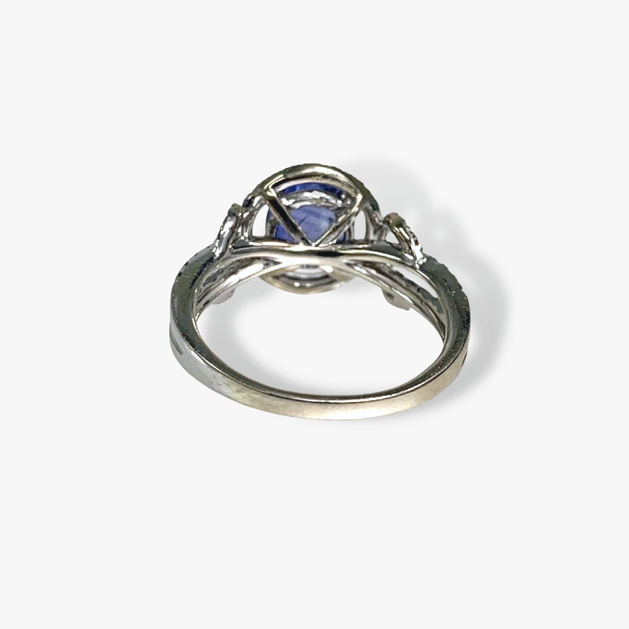 14k White Gold Round Cut Blue Sapphire Diamond Halo Ring Back View