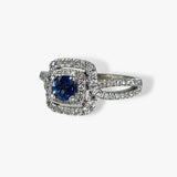14k White Gold Round Cut Blue Sapphire Double Halo Split Shank Ring Side View