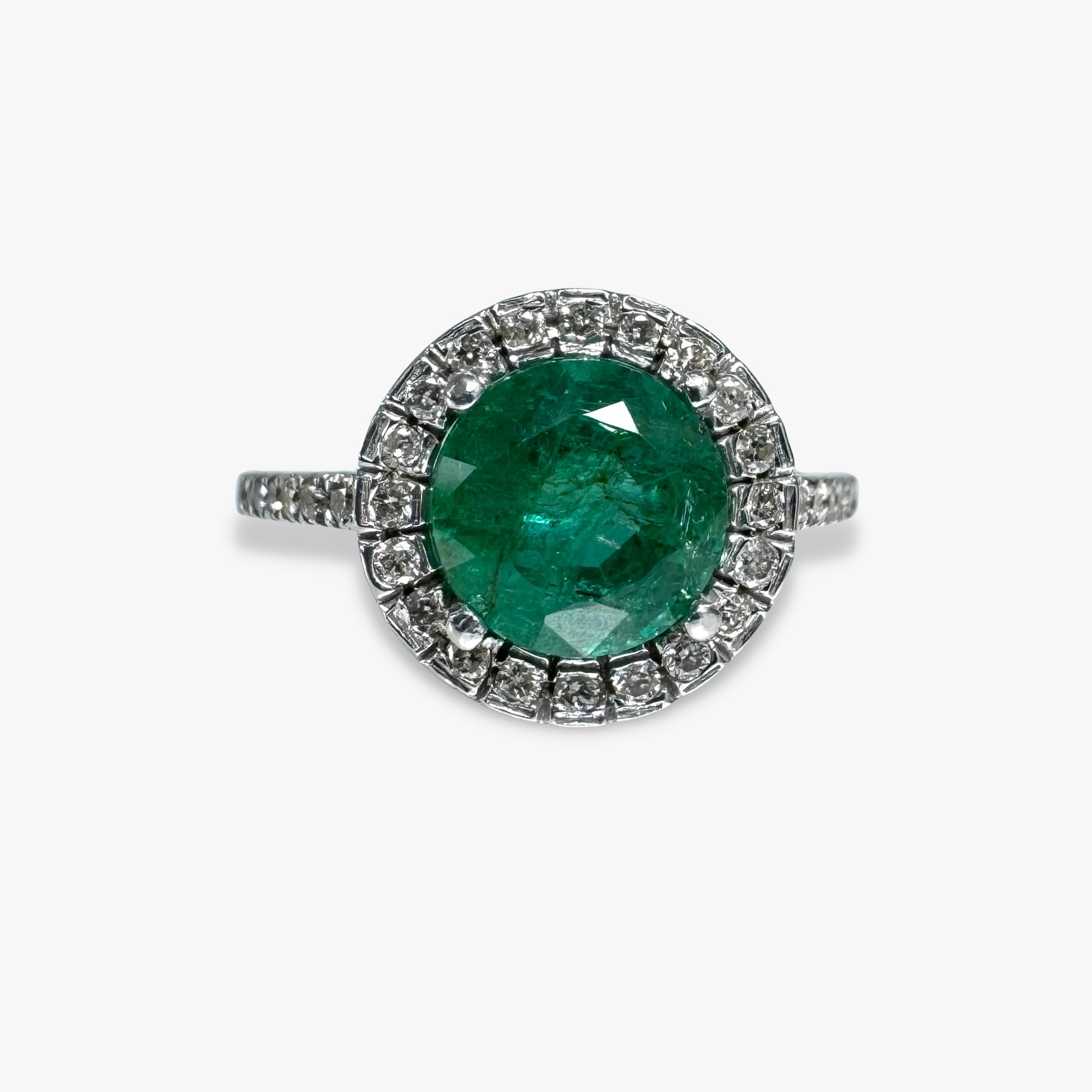 14k White Gold Round Cut Emerald Diamond Halo Ring