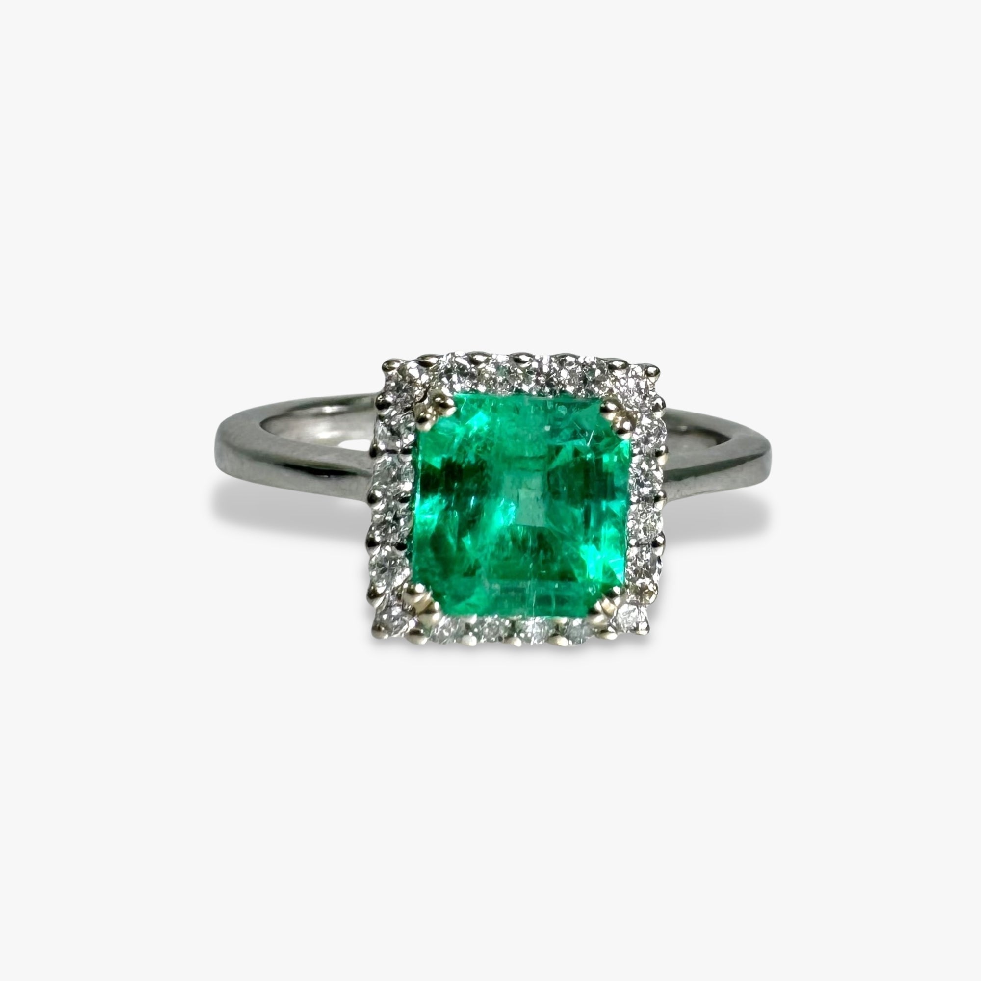 14k White Gold Square Cut Emerald Diamond Halo Ring