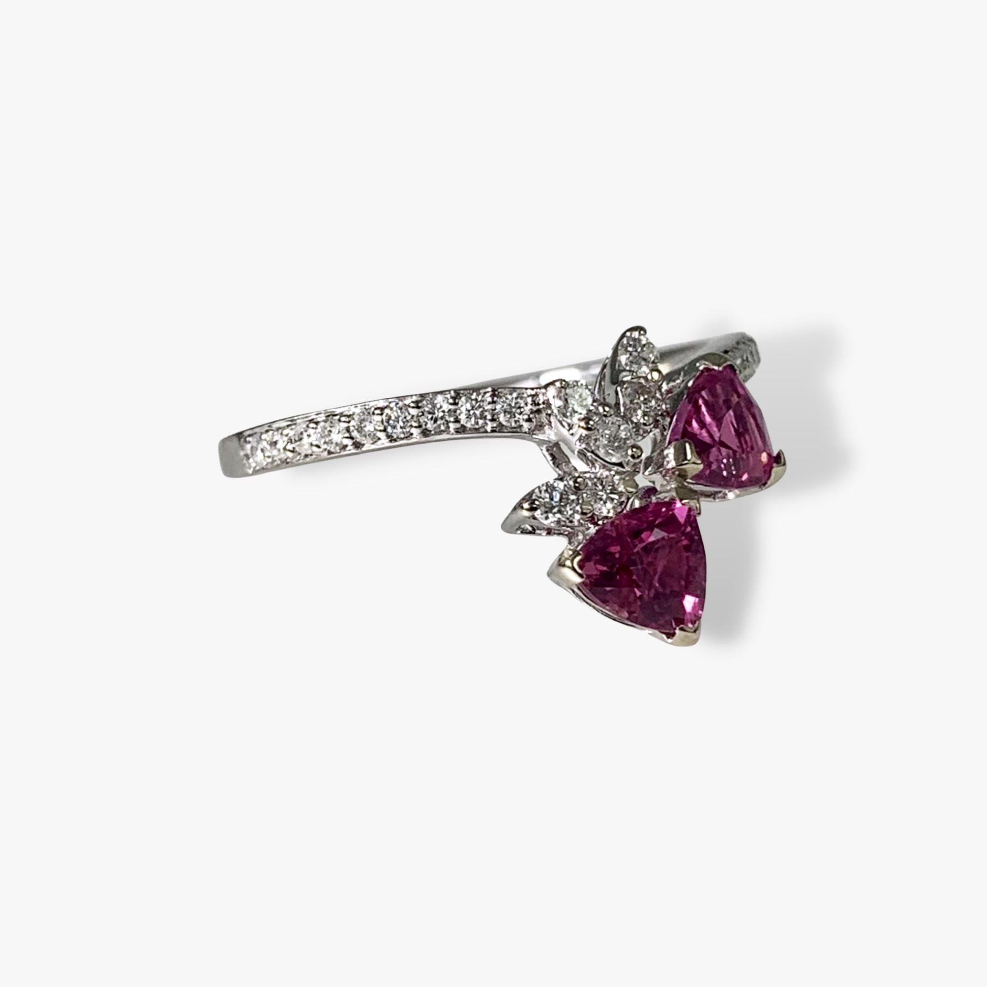 14k White Gold Trilliant Cut Ruby Diamond Accent Toi Et Moi Ring Side View