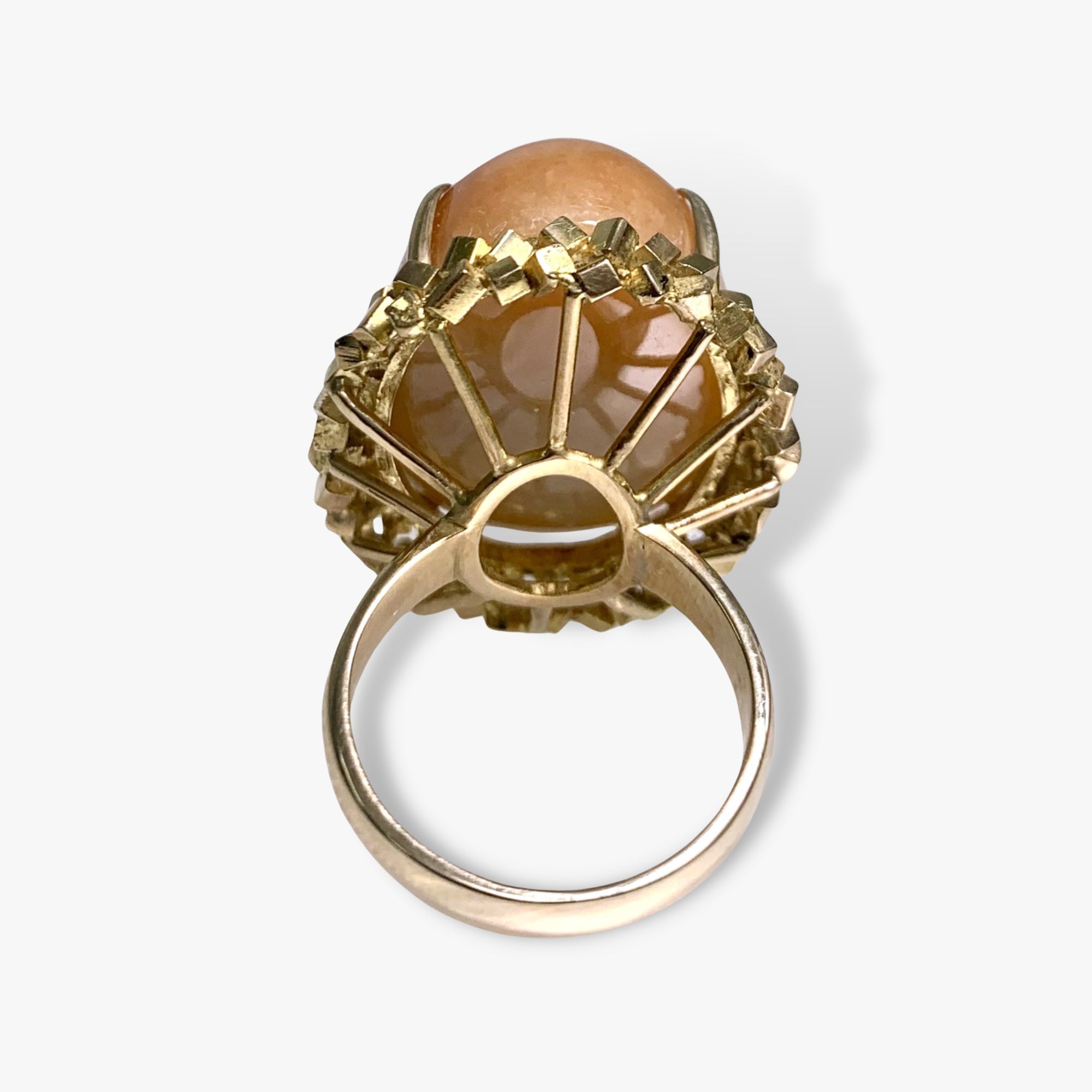 14k Yellow Gold Cabochon Cut Brown Jade Vintage Cocktail Ring Back View