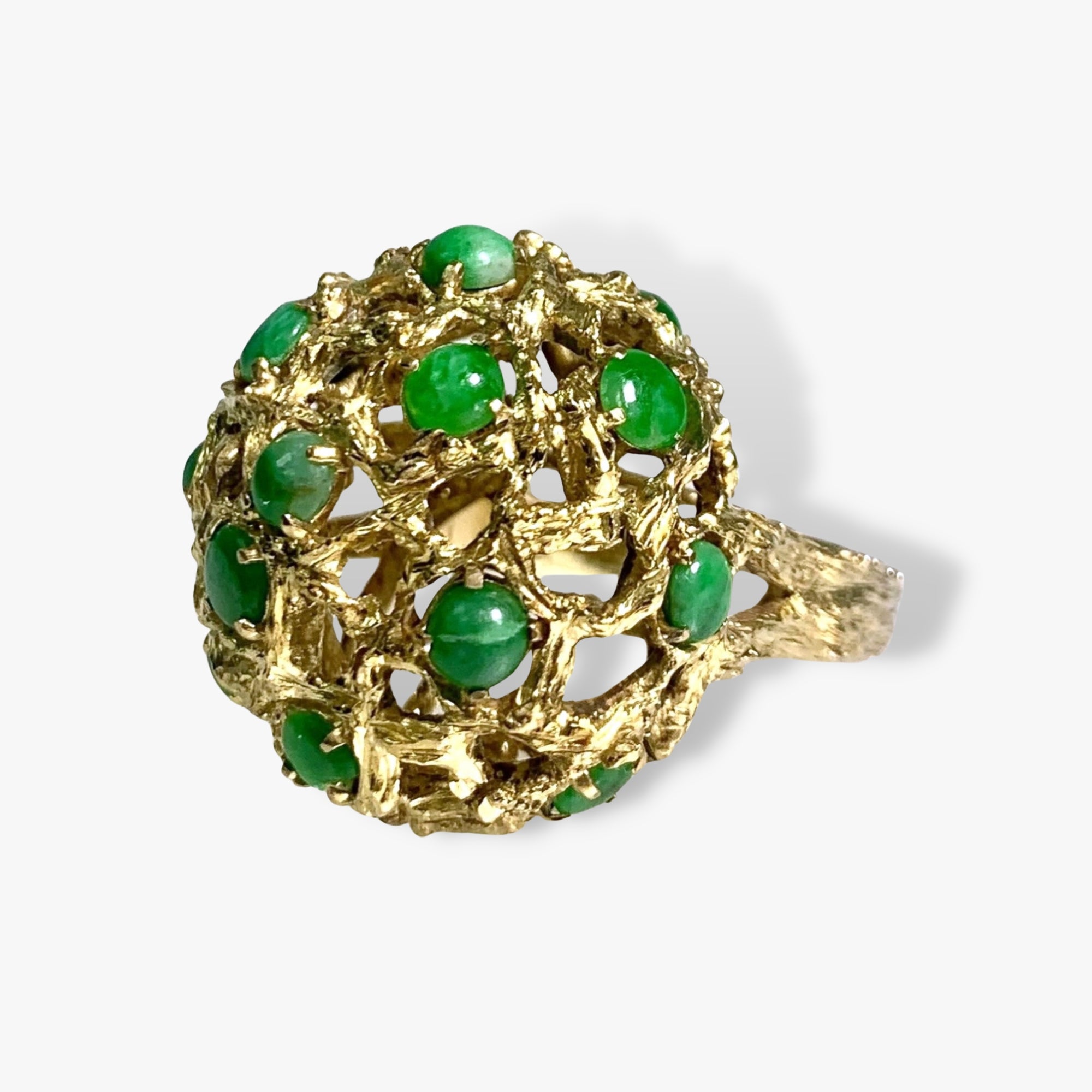 14k Yellow Gold Cabochon Cut Jade Vintage Cocktail Ring Side View