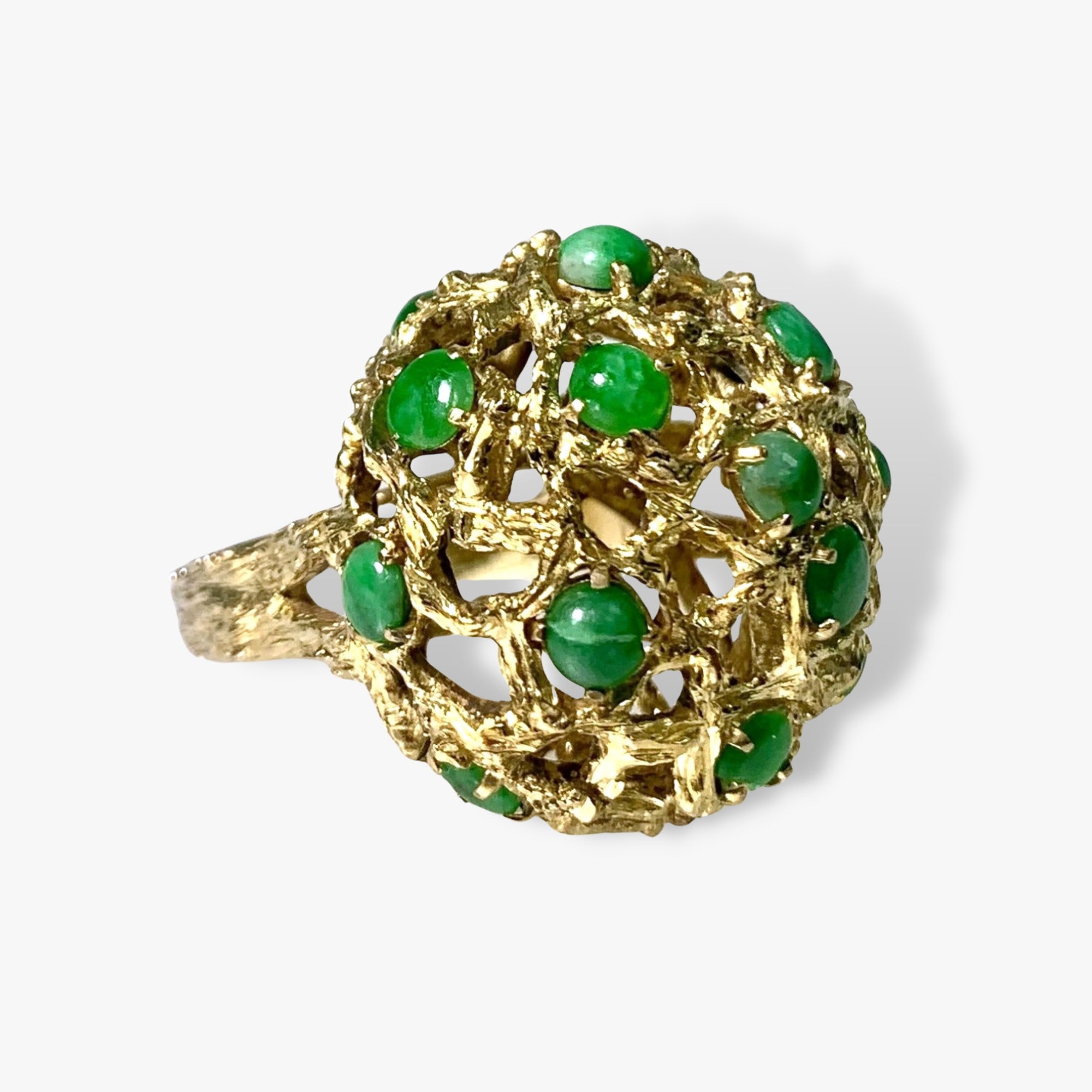 14k Yellow Gold Cabochon Cut Jade Vintage Cocktail Ring Side View