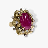 14k Yellow Gold Cabochon Cut Ruby Diamond Vintage Ring Side View