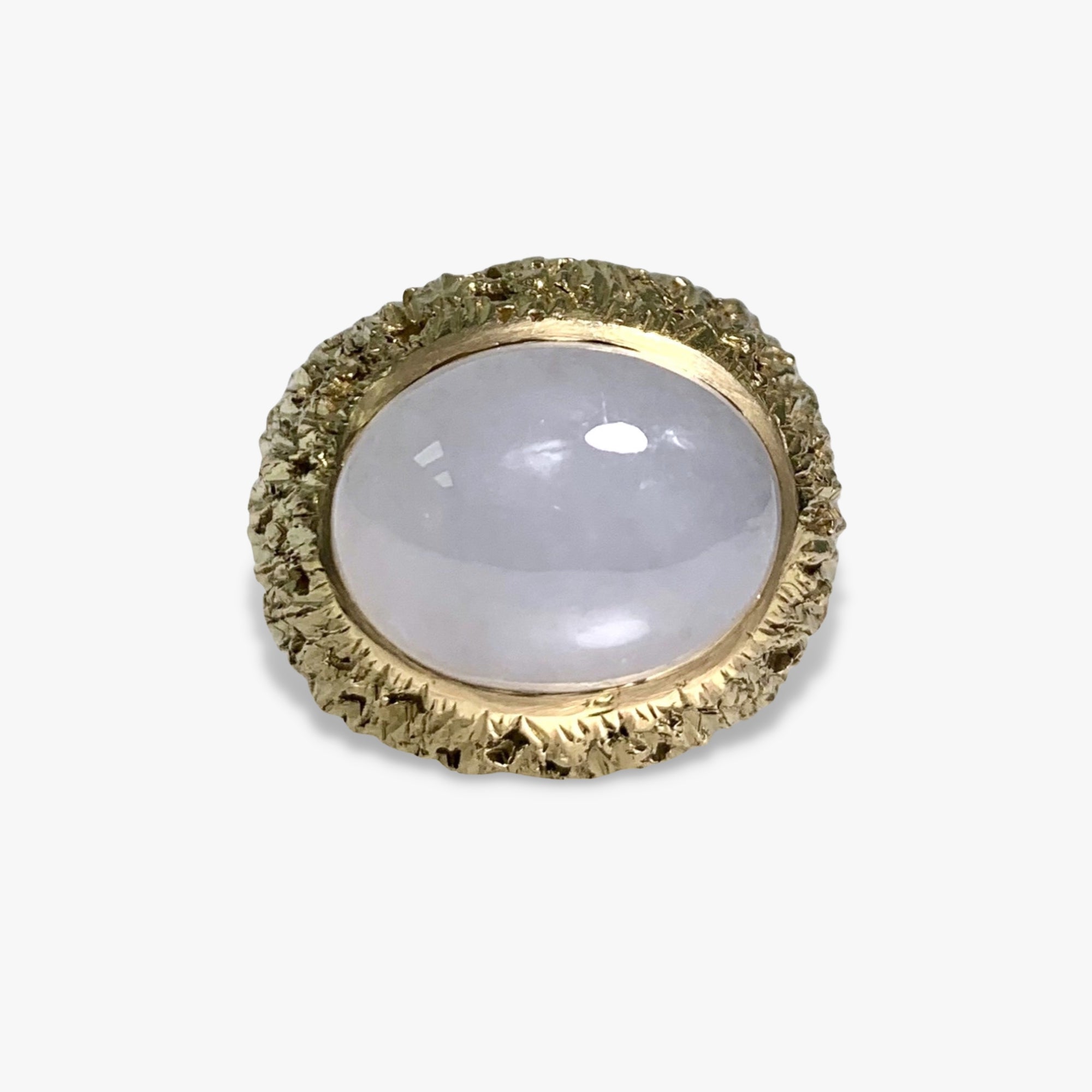 14k Yellow Gold Cabochon Cut White Imperial Jade Vintage Cocktail Ring